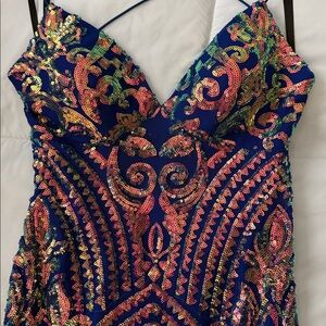 Sequin Embellished Navy Multicolor V-Neck Women’s Dress